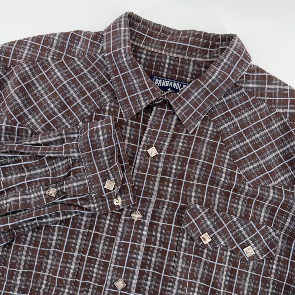Panhandle Slim Western Shirt Mens XL Brown Blue Plaid Pearl Snap Long Sleeve